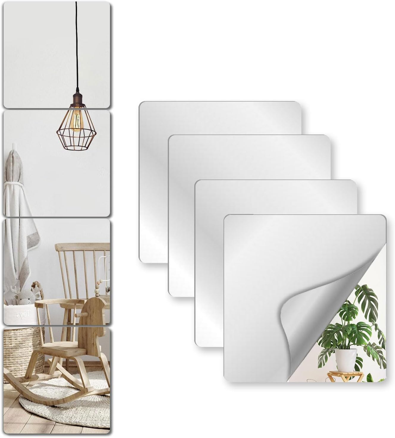 Unbreakable Mirror Tiles Self Adhesive,Toddler Mirror for Classroom Decor,Peel and Stick On Small Mirrors for Wall Decor,Shatterproof Plastic Mirrors Stickers for Kids Decorative 4PCS 8.02''x8.02''