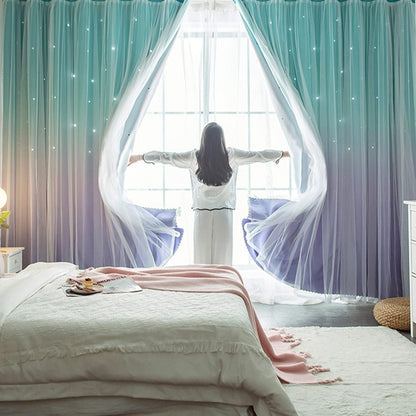 Kids Curtains for Girls Bedroom Princess Curtains for Daughter Room 96 Inches Long Star Curtains with Tieback & 3 Bowties(Purple Teal,W52*L96),1 Panel