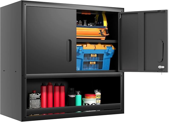Garage Wall Cabinet with Doors and Shelves, Wall Mounted Metal Storage Cabinet by BIZOEIRON