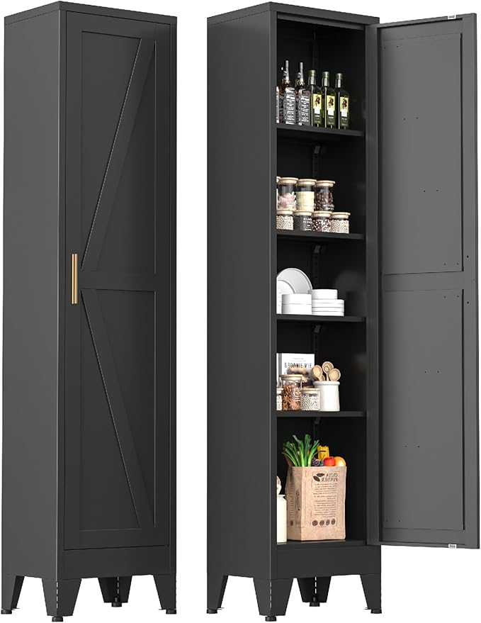 Narrow Metal Cabinet with 4 Adjustable Shelves and Barn Doors, Tall Bathroom by YAUWOHFactoryOutletsColorfulMetalFurniture