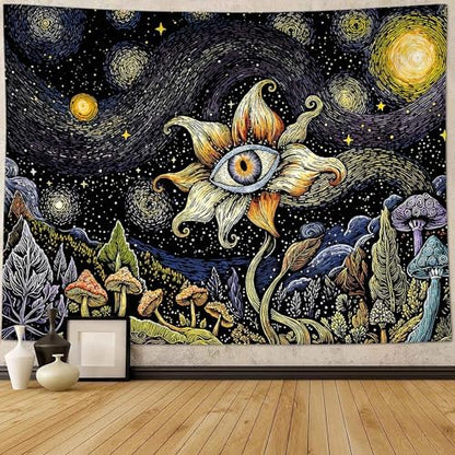 Yeoiat Tapestry Cosmic Flower Tapestries Mushroom Landscape Wall Hanging Starry Night Visionary Botanical Art Decor Bedroom Dormitory 48"x36"