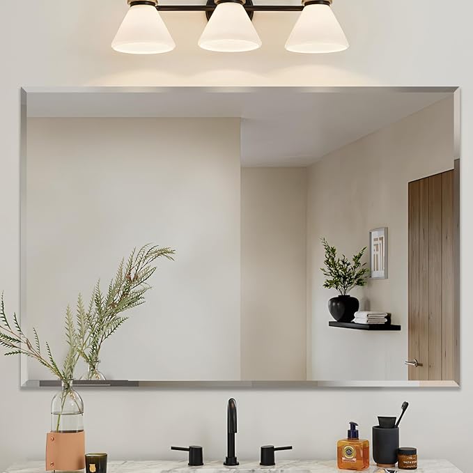 Frameless Beveled Edge Bathroom Mirror 38x26 Inch Rectangle Wall Mirror by LAMCHMOR