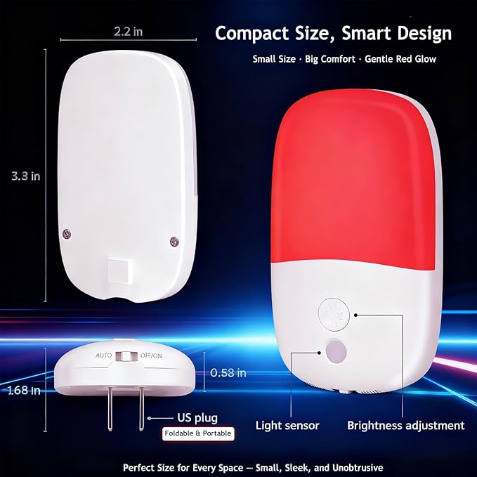 670nm Red Light Night Light for Sleep Therapy, 2 Pack Auto On/Off Dimmable - Image 7