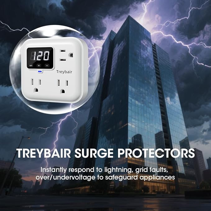 Surge Protector 3-Outlet Power Strip w/Advanced Voltage Protection, 80V-140V - Image 2