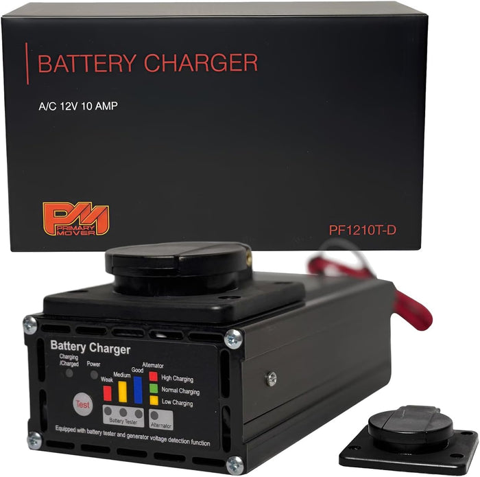 10 Amp 12V Panel Mount Battery Charger & System Tester – Smart 3-Stage Onboard Charger for Dump Trailers, RVs, Cars & Marine Batteries with LED Display