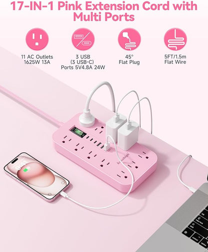 Pink Extension Cord with Multiple Outlets- 5 FT Kawaii Power Strip, Cute - Image 3