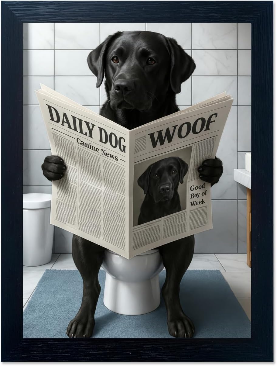 Funny Dog Bathroom Wall Art - Framed Black and White Bathroom Wall Decor, Humorous Dog Picture Wall Decor with Cute Animal Canvas, Modern Farmhouse Style Restroom Sign Art for Toilet & Washroom 8"x10"