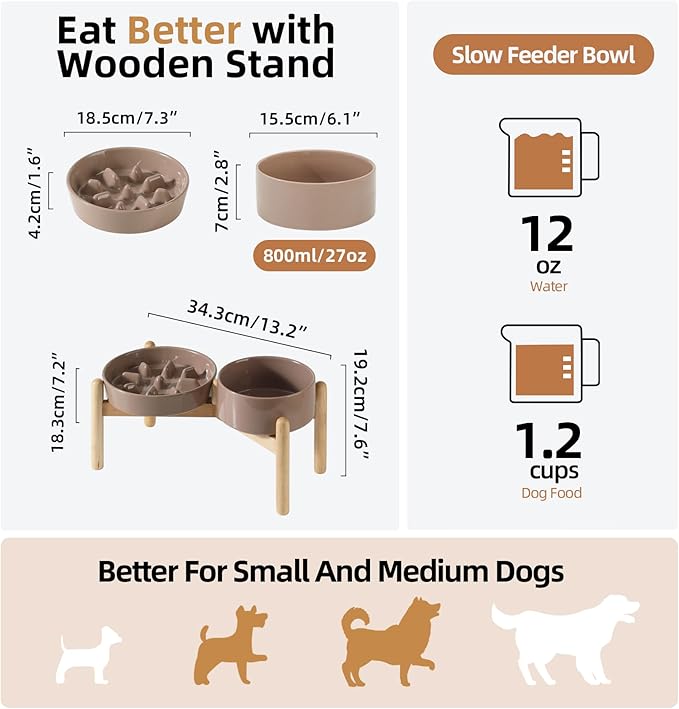 Ceramic 1.2 Cup Raised Slow Feeder Dog Bowl Set, Elevated 6.1inch Bowl and - Image 2