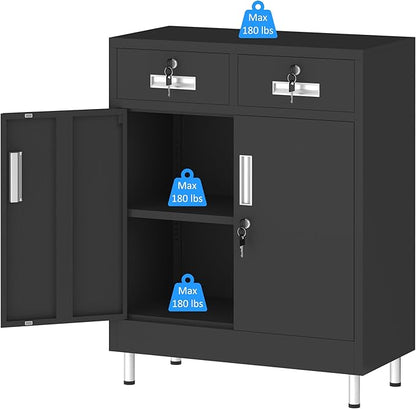 Metal Storage Cabinet with Locking Doors and 2 Drawers, Lockable Storage - Image 5