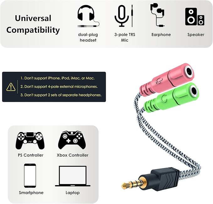 MillSO Headphone Mic Splitter, 3.5mm Headset Adapter 2 TRS Female to TRRS Male - Image 4