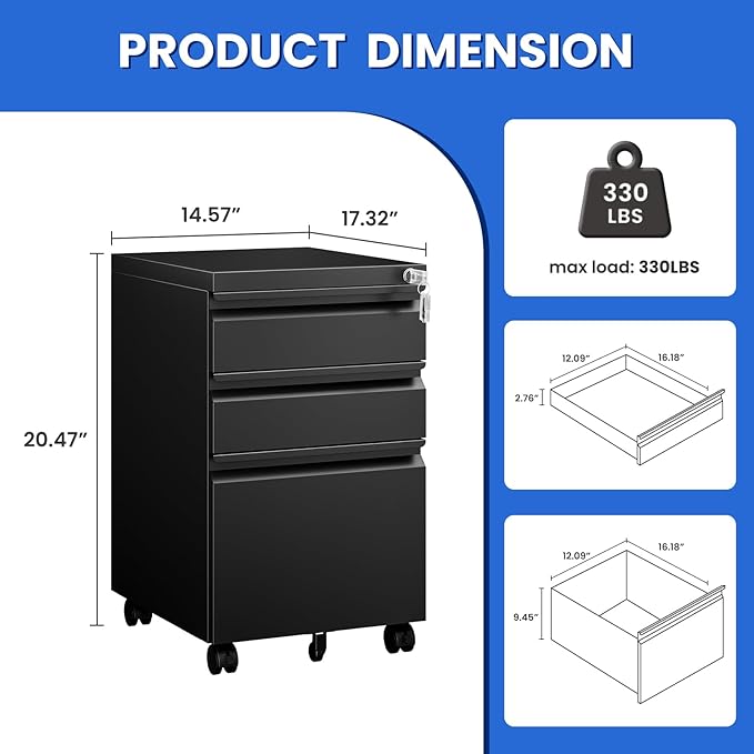 MIIIKO File Cabinet 3 Drawers on Wheels Under Desk, Un-Assembled Filing Cabinet - Image 3