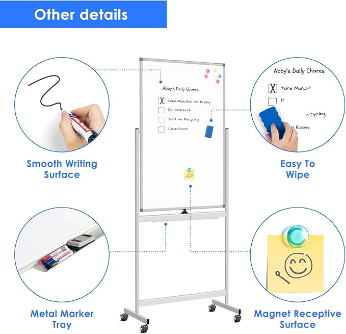 Magnetic Mobile White Board, 40 x 24 Double Sided Dry Erase Board Rolling - Image 5