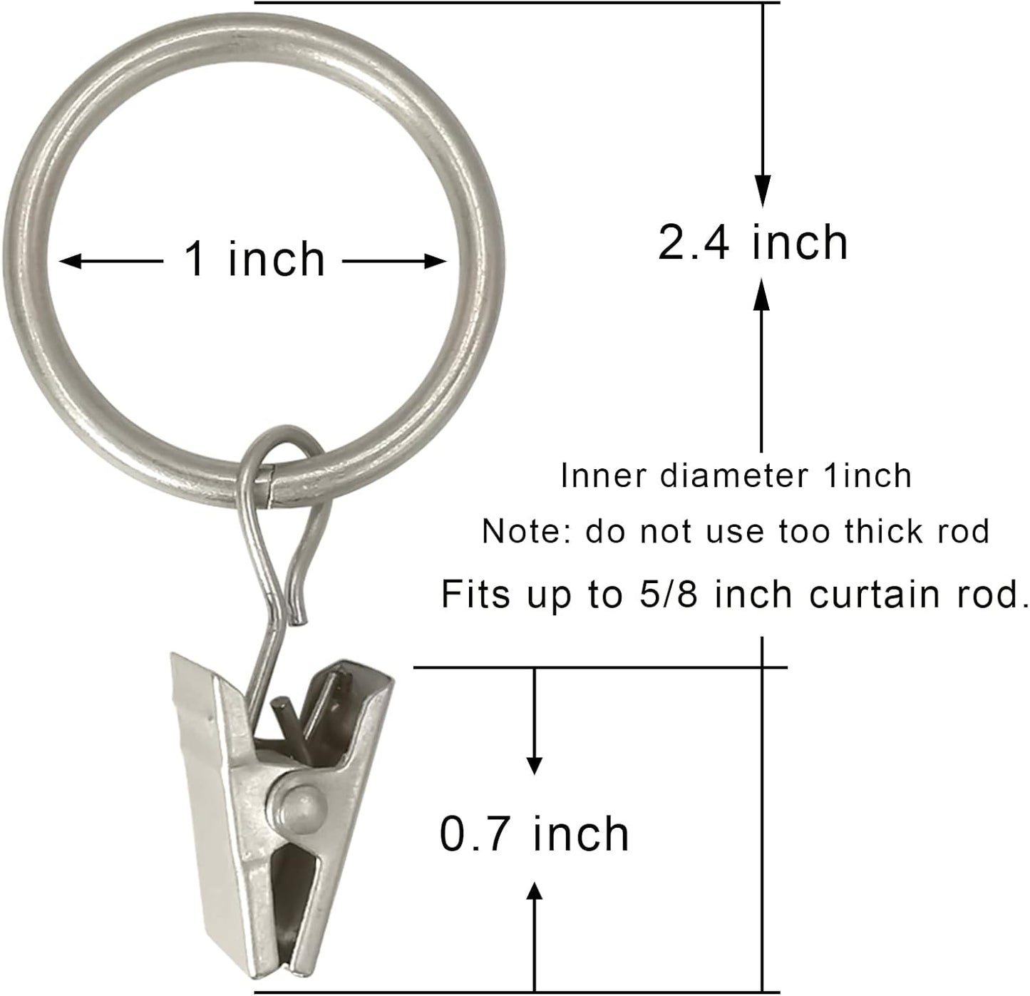 WeeksEight 44 Pack Matte Silver Curtain Rings with Clips, Curtain Hooks Hangers Clip Rings for Hanging Drapes Bows Hat, Drapery Rings 1 in I D, Fits up to 5/8 in Diameter Curtain Rod.