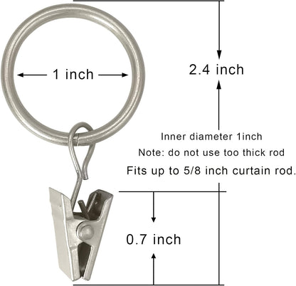 WeeksEight 44 Pack Matte Silver Curtain Rings with Clips, Curtain Hooks Hangers Clip Rings for Hanging Drapes Bows Hat, Drapery Rings 1 in I D, Fits up to 5/8 in Diameter Curtain Rod.