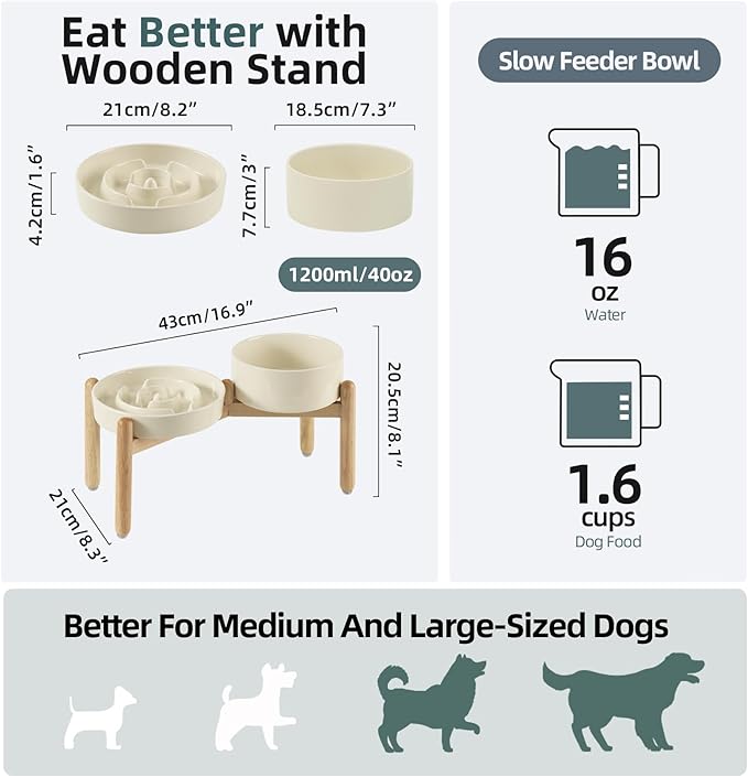 Ceramic Raised Slow Feeder Dog Bowl Set, Elevated 7.3inch Bowl and 8.2inch - Image 2