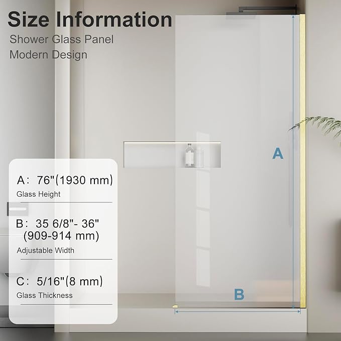 Bathbliss 36" W x 76" H Frameless Shower Glass Panel, 8mm Clear Tempered Glass - Image 2