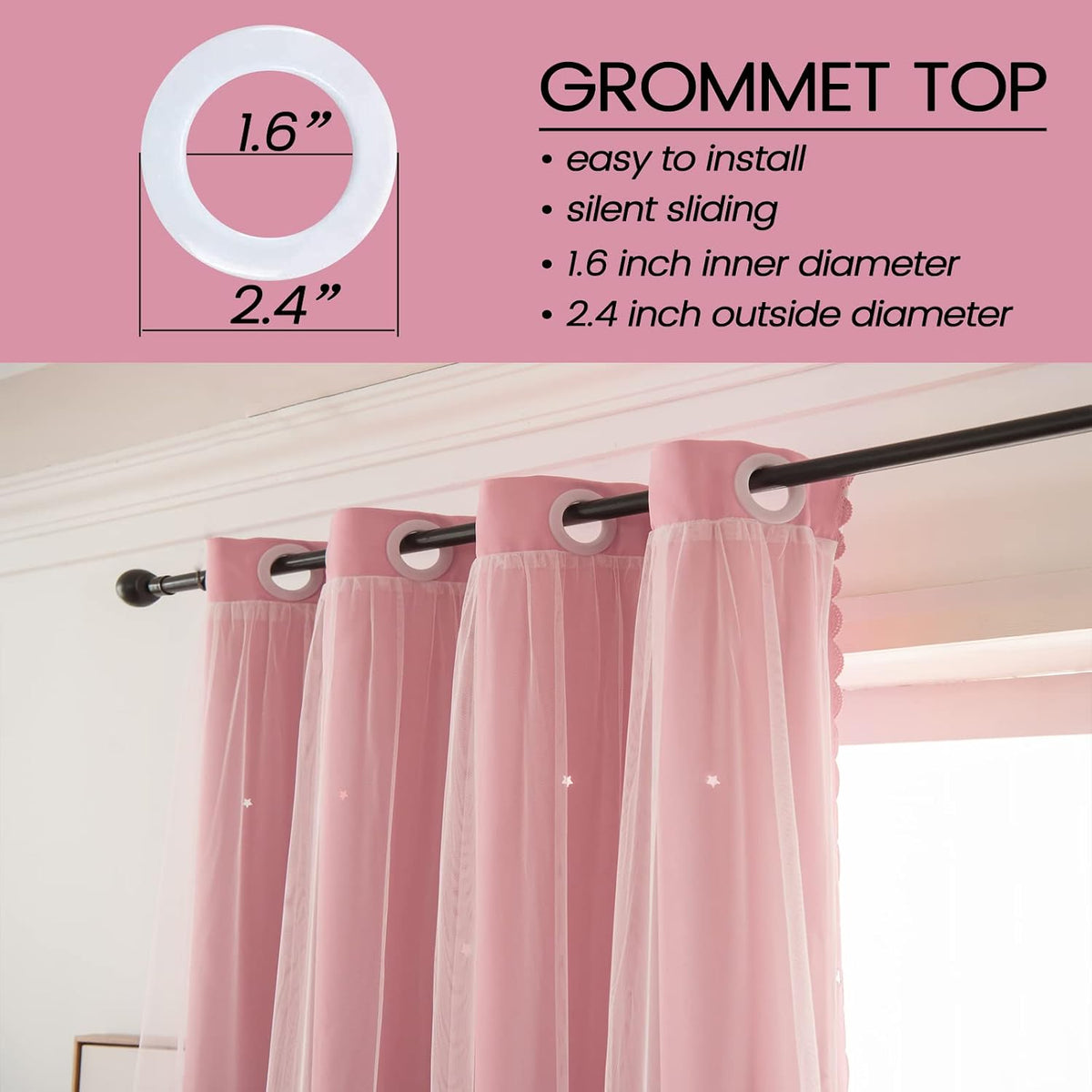 Girls Curtains for Living Room Bedroom Curtain Double Layer Blackout Curtains 63 Inch Length Star Cutout Pink Curtain Window Drapes for Nursery (Pink, 42W x 63L,2 Panels)