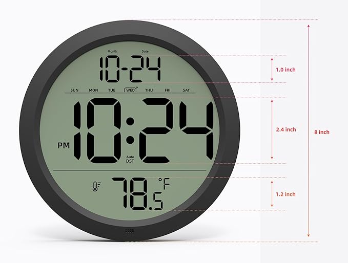 Digital Wall Clock with Date, Indoor Temperature, Battery-Operated Digital Clock - Image 3