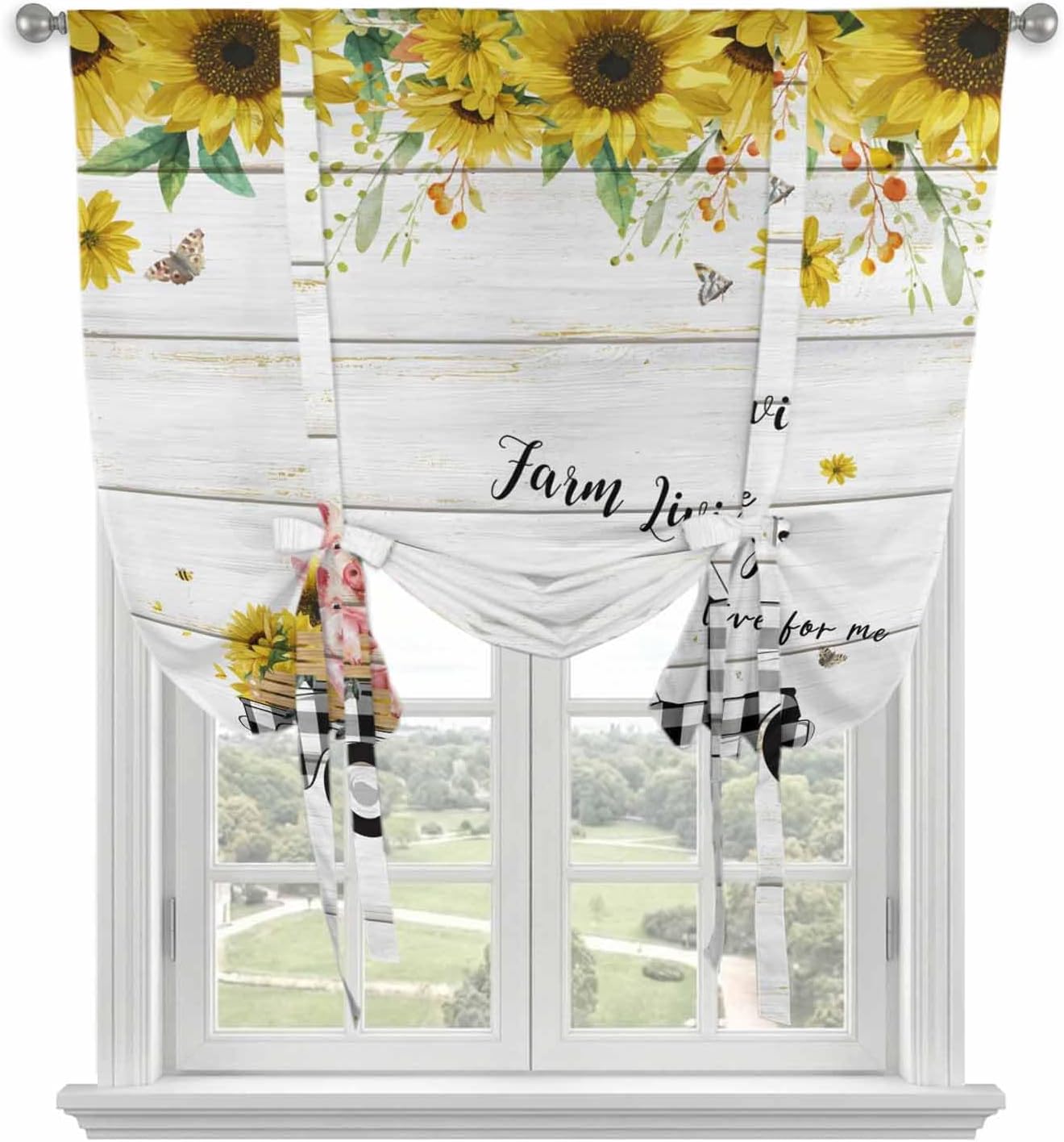 Sunflowers Tie Up Curtains for Window, Spring Botanical Truck Pig Wooden Grain Thermal Insulated Balloon Shade Adjustable Rod Pocket Curtains Valance Panels for Kitchen Bathroom Café 42'' x 63''