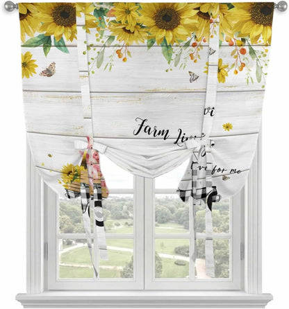 Sunflowers Tie Up Curtains for Window, Spring Botanical Truck Pig Wooden Grain Thermal Insulated Balloon Shade Adjustable Rod Pocket Curtains Valance Panels for Kitchen Bathroom Café 42'' x 63''