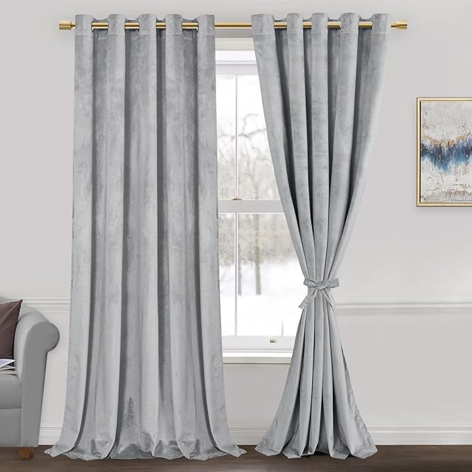 JIUZHEN Soft Silver Grey Velvet Curtains 84 inch Long, Room Darkening Smooth by JIUZHEN