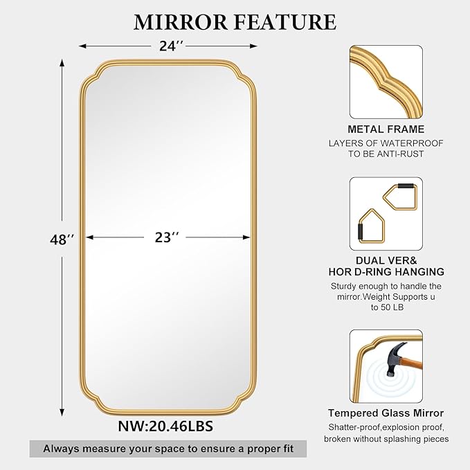 Gold Wall Mirror 48 x 24 Inch Bathroom Vanity Mirror - Image 4