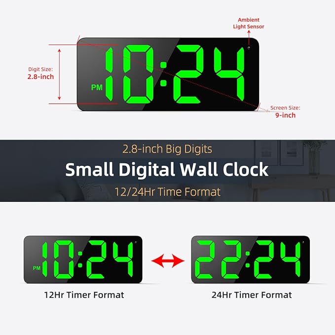 LED Digital Wall Clock with Large Display, Big Digits, Auto-Brightness - Image 3