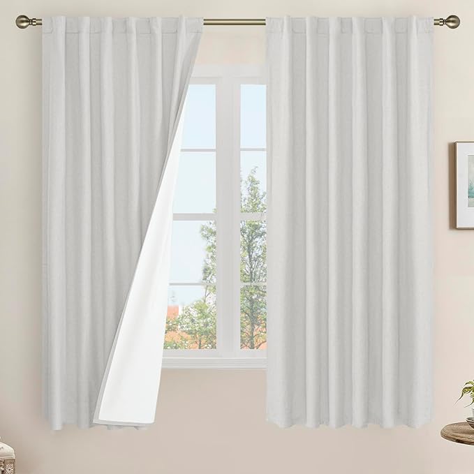 LAMIT Light Grey 100% Blackout Linen Curtains, 63 Inches Linen Textured Thermal by LAMIT