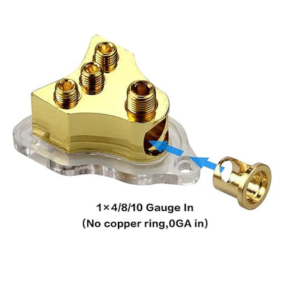 RKURCK 3 Way Copper Power Distribution Block, 0/2/4 AWG Gauge in, 4/8/10 Gauge - Image 3
