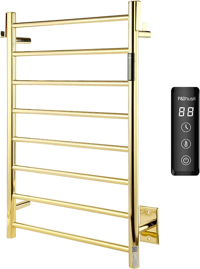 P&Bhusri Polished Gold Heated Towel Rack, 21.65" L x 31.54" H 8-bar Fast Dry by PBhusri