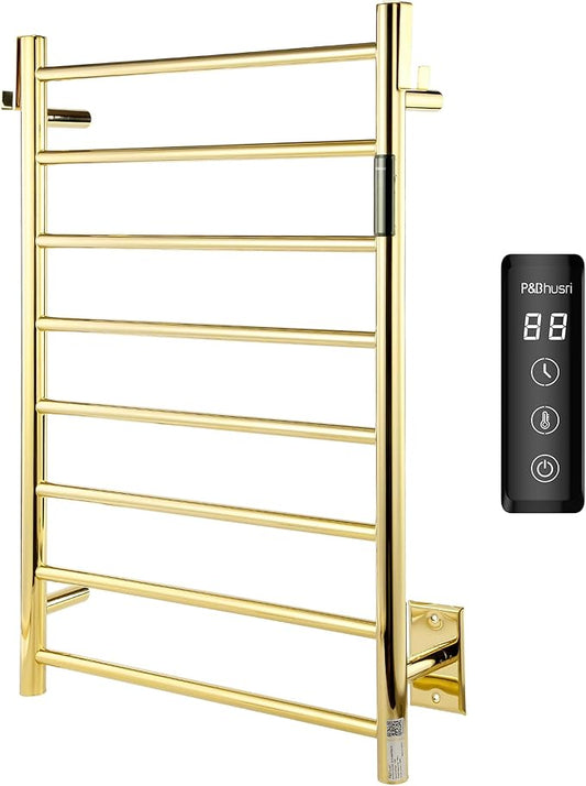 P&Bhusri Polished Gold Heated Towel Rack, 21.65" L x 31.54" H 8-bar Fast Dry by PBhusri