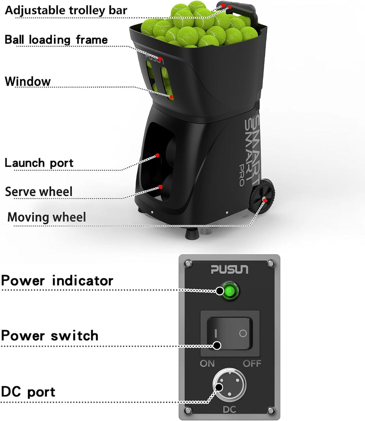 smart tennis ball machine pt-smart pro - 100+, package contents