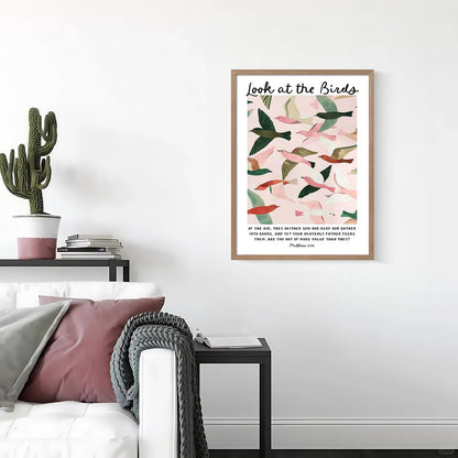 Matthew 6 Look At the Birds Wall Art Framed Christian Wall Deco 16x12 Inch | Ready to Hang Modern Christian Canvas Prints Religious Bible Verse Painting Picture Living Room Bedroom Church Prayer Room