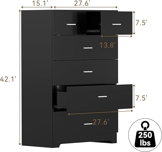 Dresser with Power Outlets Wooden 6 Drawer Dresser with Large Organizer Black - Image 3