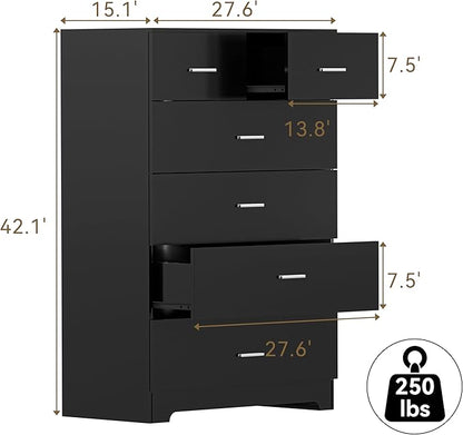 Dresser with Power Outlets Wooden 6 Drawer Dresser with Large Organizer Black - Image 3