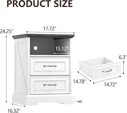 Nightstand with Charging Station Set of 2, Rustic Farmhouse Wood Small Dresser - Image 2