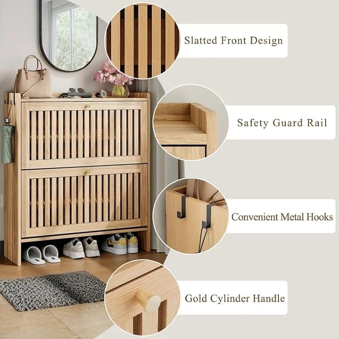 wanan 31.5" Shoe Cabinet with 2 Flip Slatted Drawers, Adjustable & Removable - Image 4