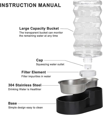 RIZZARI Dog Water Bowl Dispenser : 8L Gravity Large Black Stainless Steel - Image 3