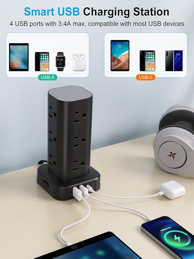 Power Strip Tower with Wireless Charger, Flat Plug Surge Protector Tower with - Image 5