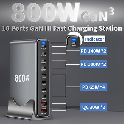 800W USB C Fast Charger Block, 10 Ports GaN III USB Chagring Station, Dual 140W - Image 2