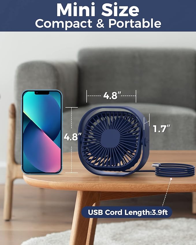 RJVW 4 Inch Small USB Desk Fan, 3-Speed Portable & 360°Rotatable Mini Cooling - Image 2