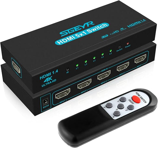 HDMI Switch SGEYR 5x1 HDMI Switcher 5 in 1 Out HDMI Selector 5 Port Box by SGEYR