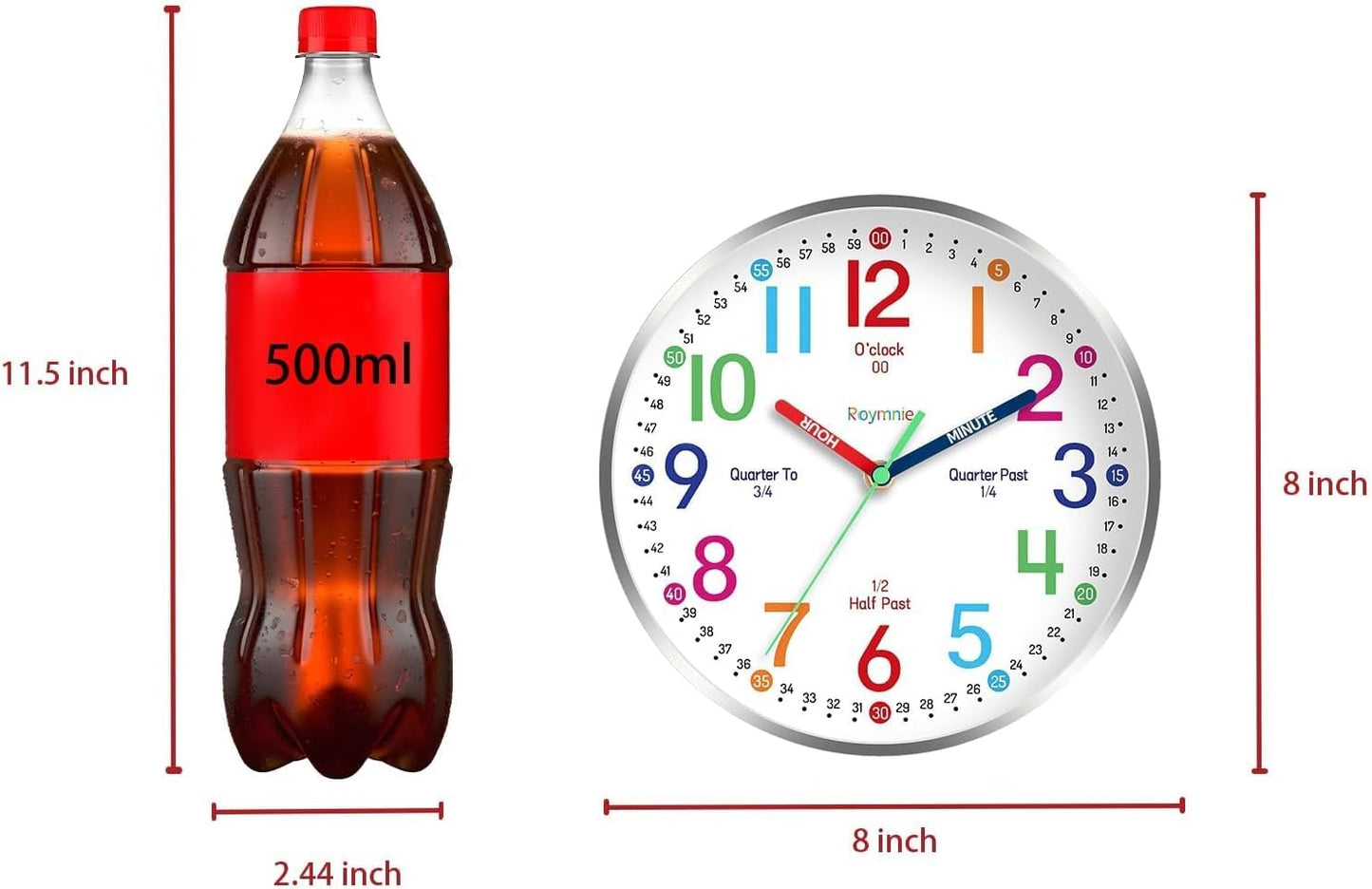 Roymnie Wall Clock for Kids Learning Battery Operated Teaching Silent 8" | Learning to Tell Time Easily Non Ticking Analog Colorful Teaching Time Clock Decorative for Kids Room Classroom School Modern