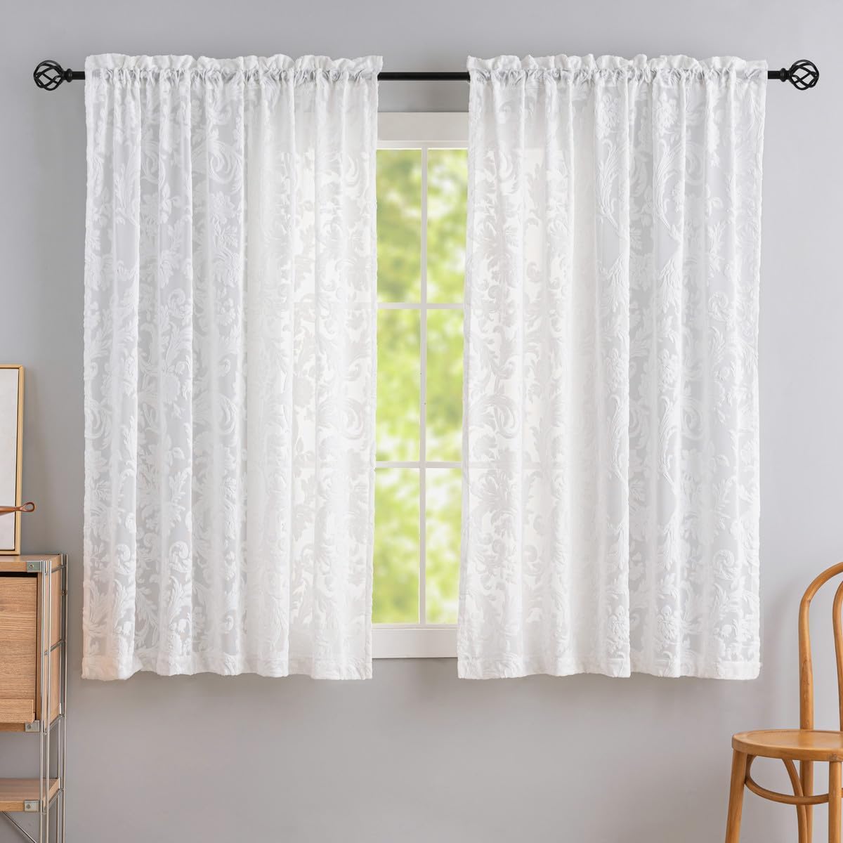 Curtains Sheer White Curtain Panels Boho Farmhouse Drapes with Vintage Floral Pattern 45" Short Length Rod Pocket for Bedroom Living Room Windows French Elegance 3D Relief, Set of 2 (52" Wide Each)