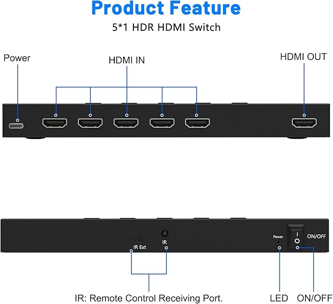 4K@60Hz 5 in 1 Out HDMI Switch, 5 Port HDMI Switcher Selector Support HDR10 & - Image 4