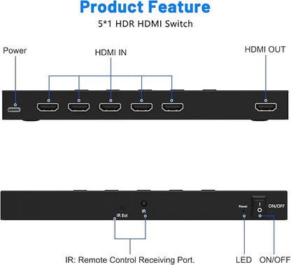 4K@60Hz 5 in 1 Out HDMI Switch, 5 Port HDMI Switcher Selector Support HDR10 & - Image 4
