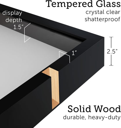 Frame Amo 24x36 Black Shadow Box Frame, Tempered Glass & Solid Wood | 1.5 inch Display Depth, 2.5 inch Thick, White or Black Background, Display Case, High End, Heavy Duty, Hanging Hardware
