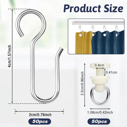 Jeffdad 100pcs Curtain Track Hooks Set, 50 Pieces Metal Curtain Hooks and Gliders for Standard Rails