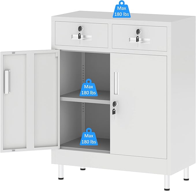 Metal Storage Cabinet with Locking Doors and 2 Drawers, Lockable Storage - Image 5