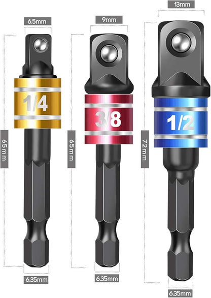 Socket Adapter Set, 1/4-Inch Hex Shank to 1/4, 1/2-Inch Square Drive, 3-Piece - Image 6